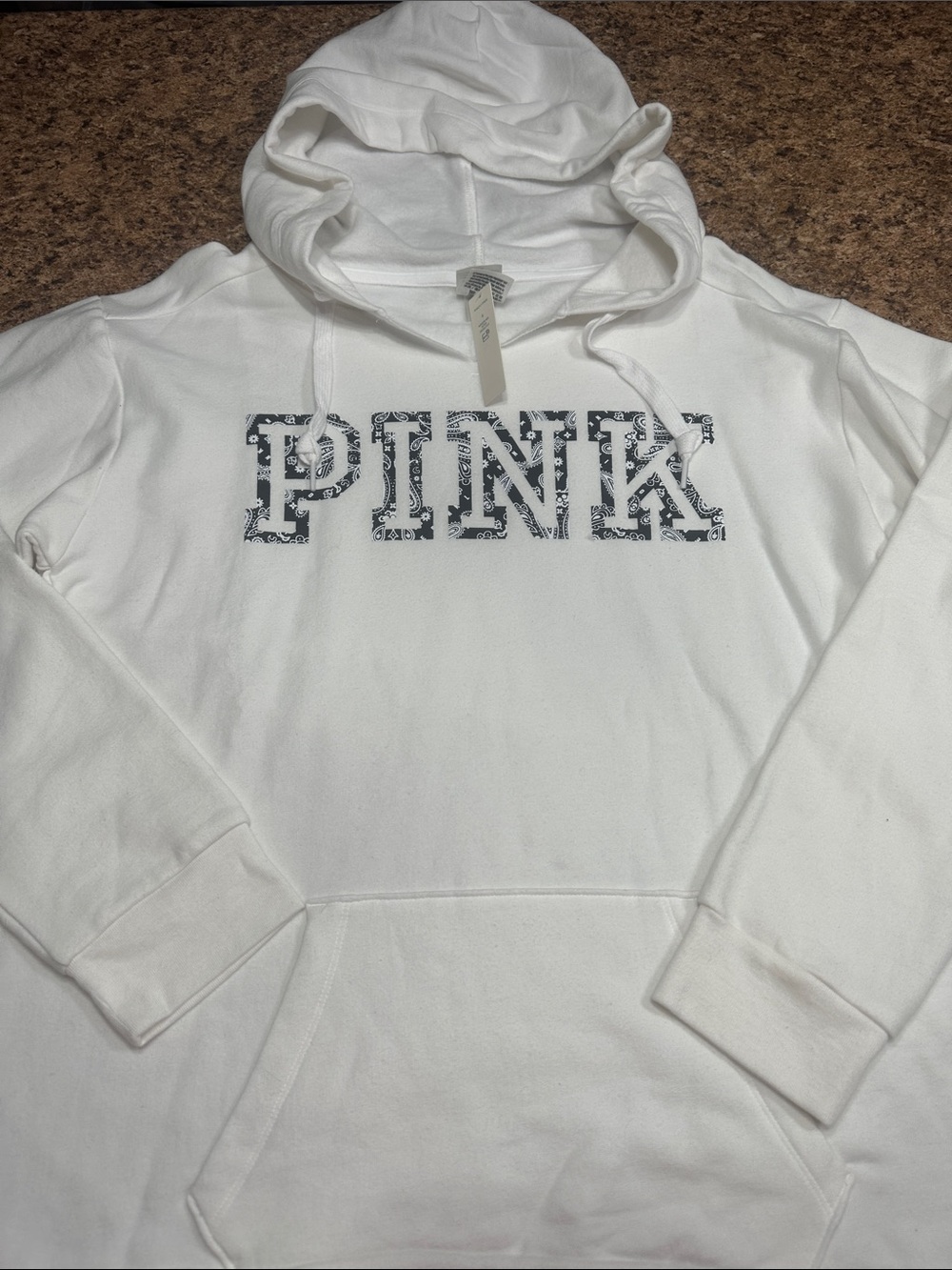 NWT PINK Victoria's Secret White Hoodie with Black Bandana Print Logo Small